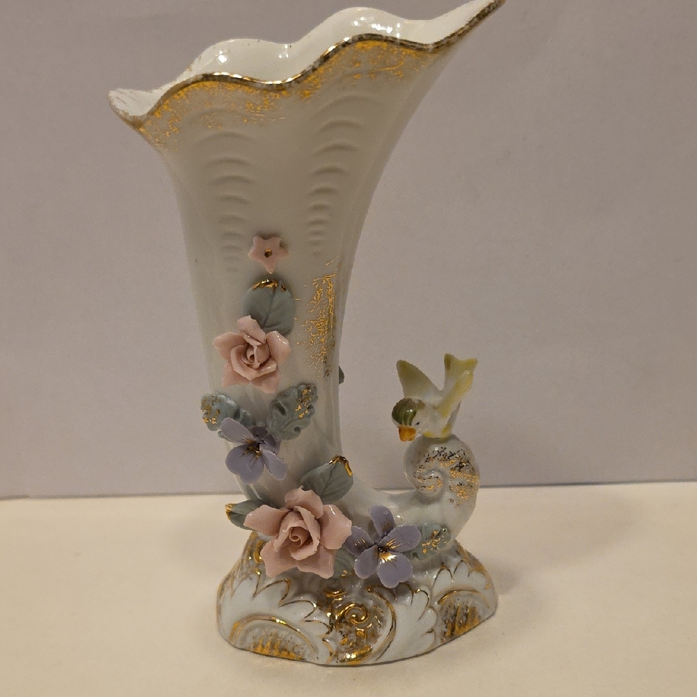 Vintage porcelain Cornucopia vase with applied pink roses Bird and gold accent